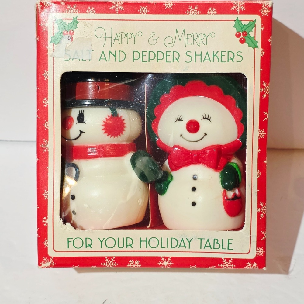 Vtg Hallmark Christmas Salt & Pepper Shakers Happy & Merry Mr. & Mrs. Snowman